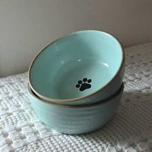 Signature Speckled Robin Egg Ceramic Stoneware Green Pet Dog Dish Bowl Set